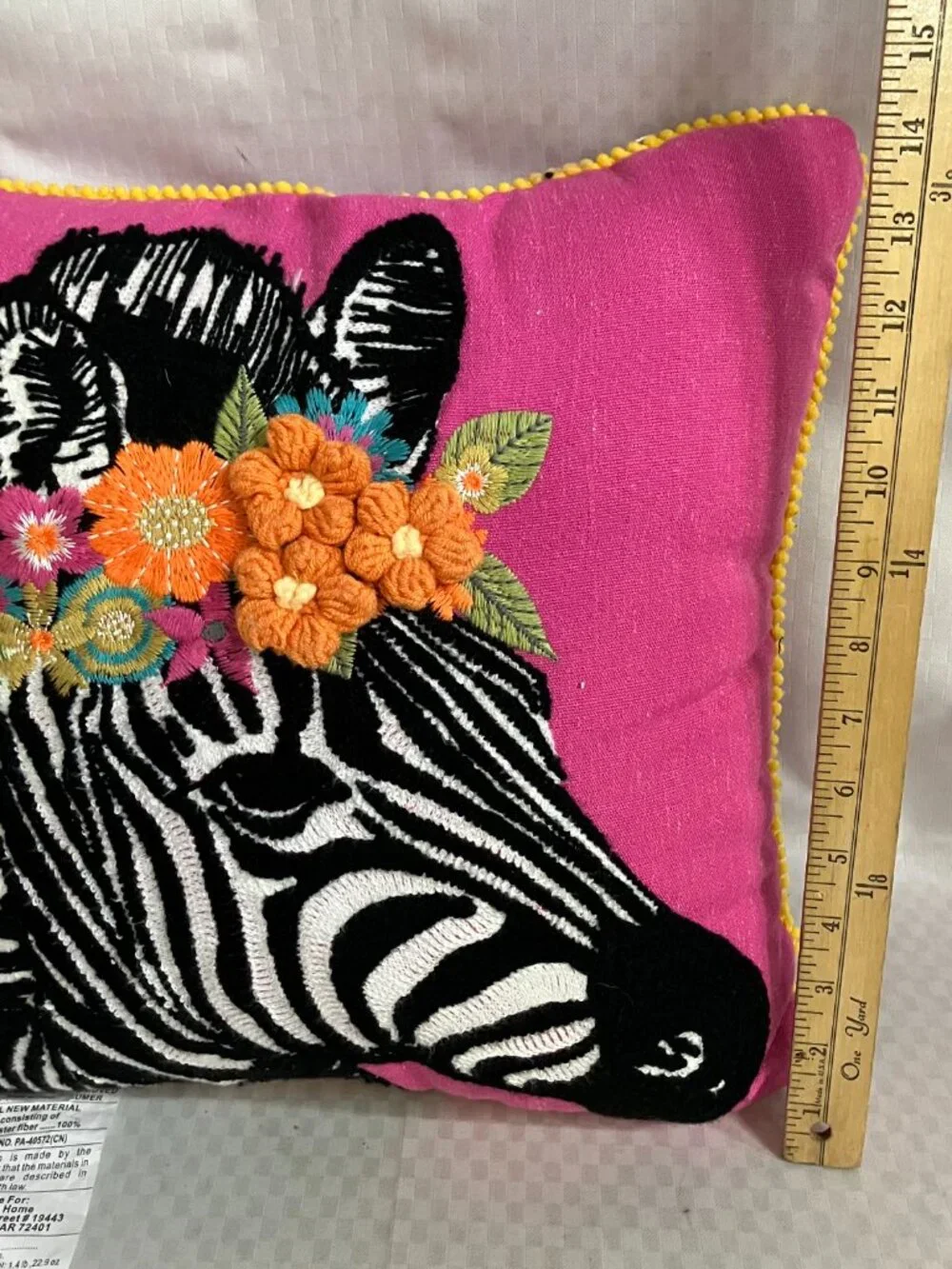 Karma Home Throw Pillow 16x16 Inch Multicolor Zebra Floral Embroidered Pom Trim